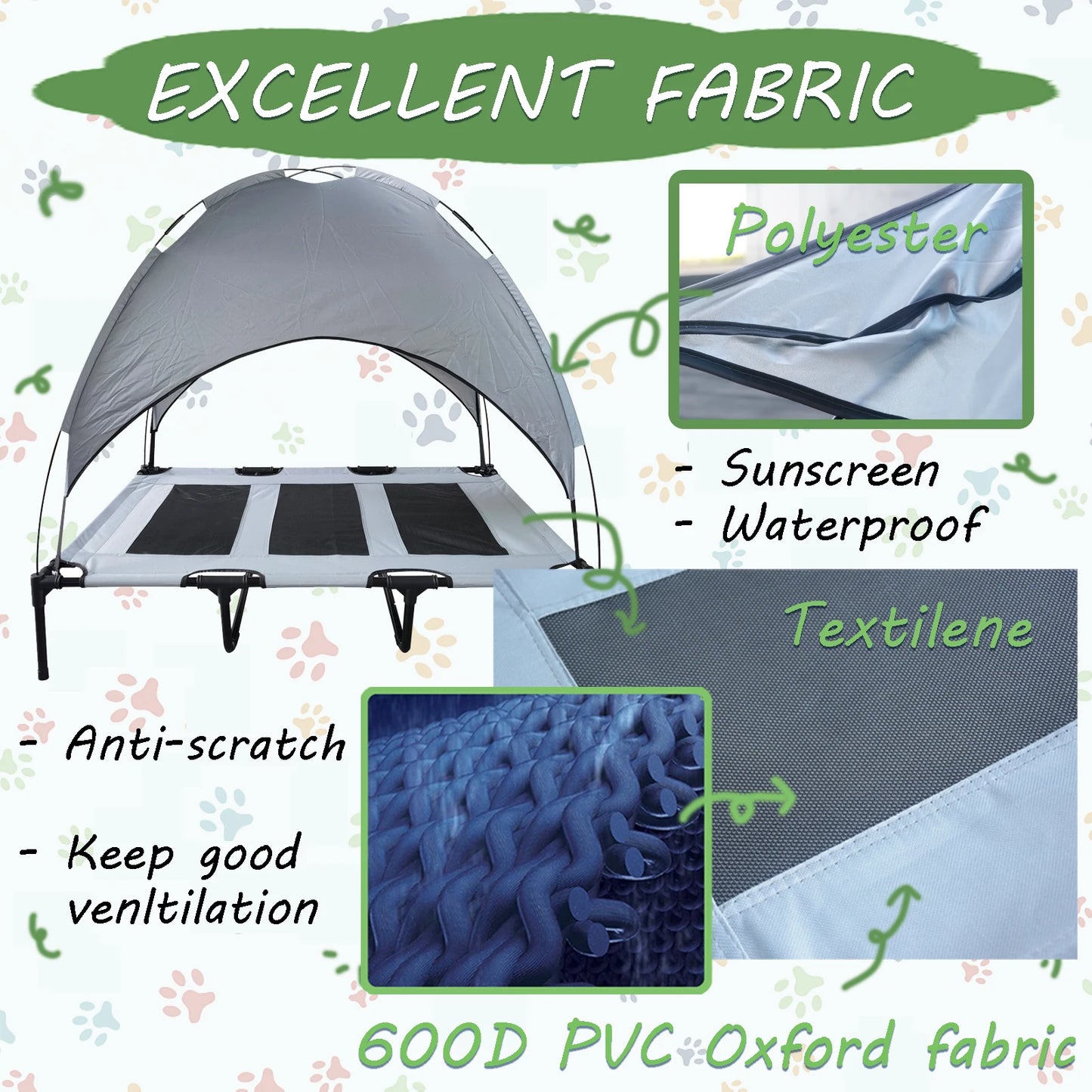 Dog Bed with Canopy Anti Scratch Oxford Fabric Summer Portable Pet Bed Cot Anti Slip Big Size Elevated Cot Indoor Outdoor